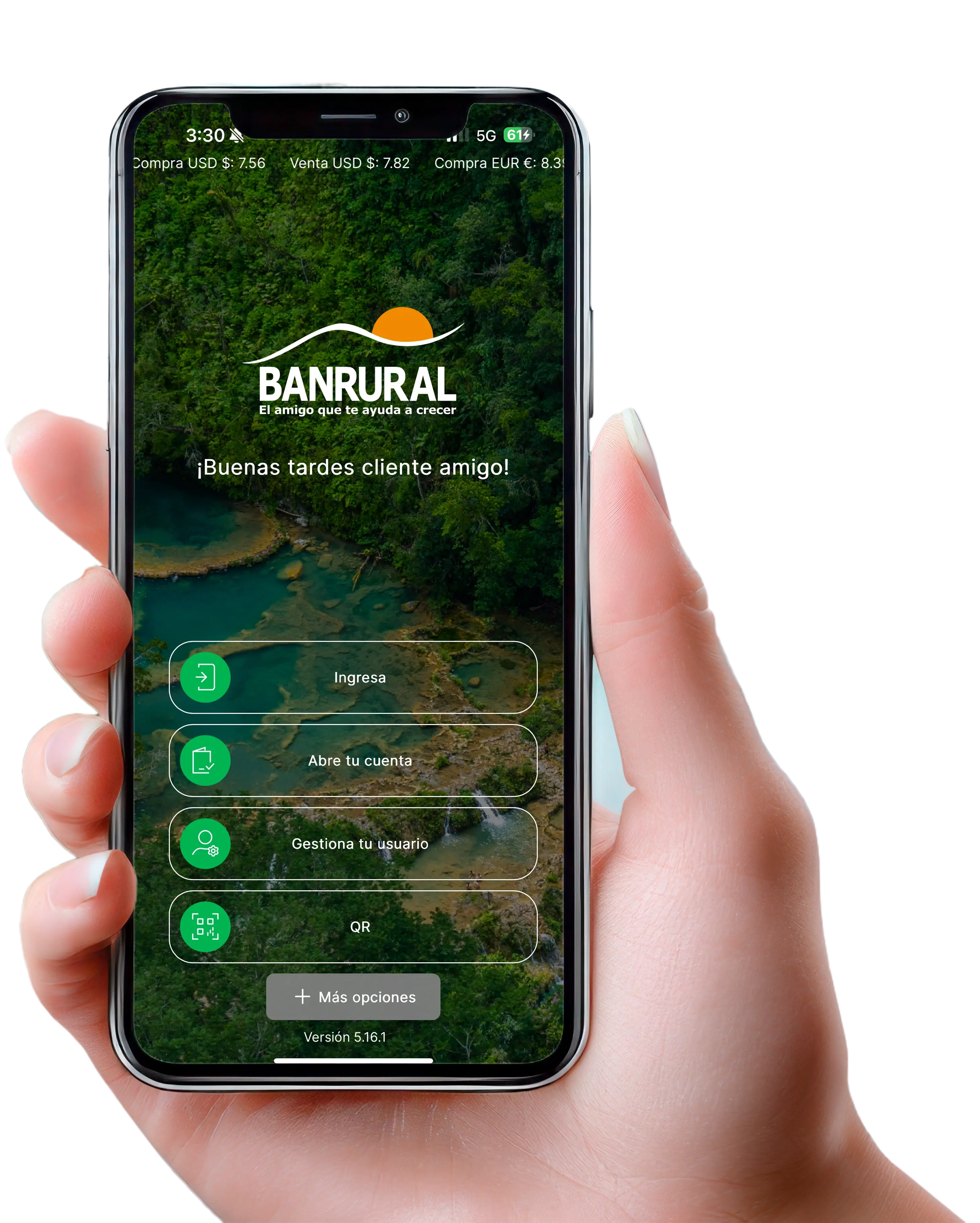 mano sosteniendo un teléfono móvil con la pantalla de ingreso de app Banrural
